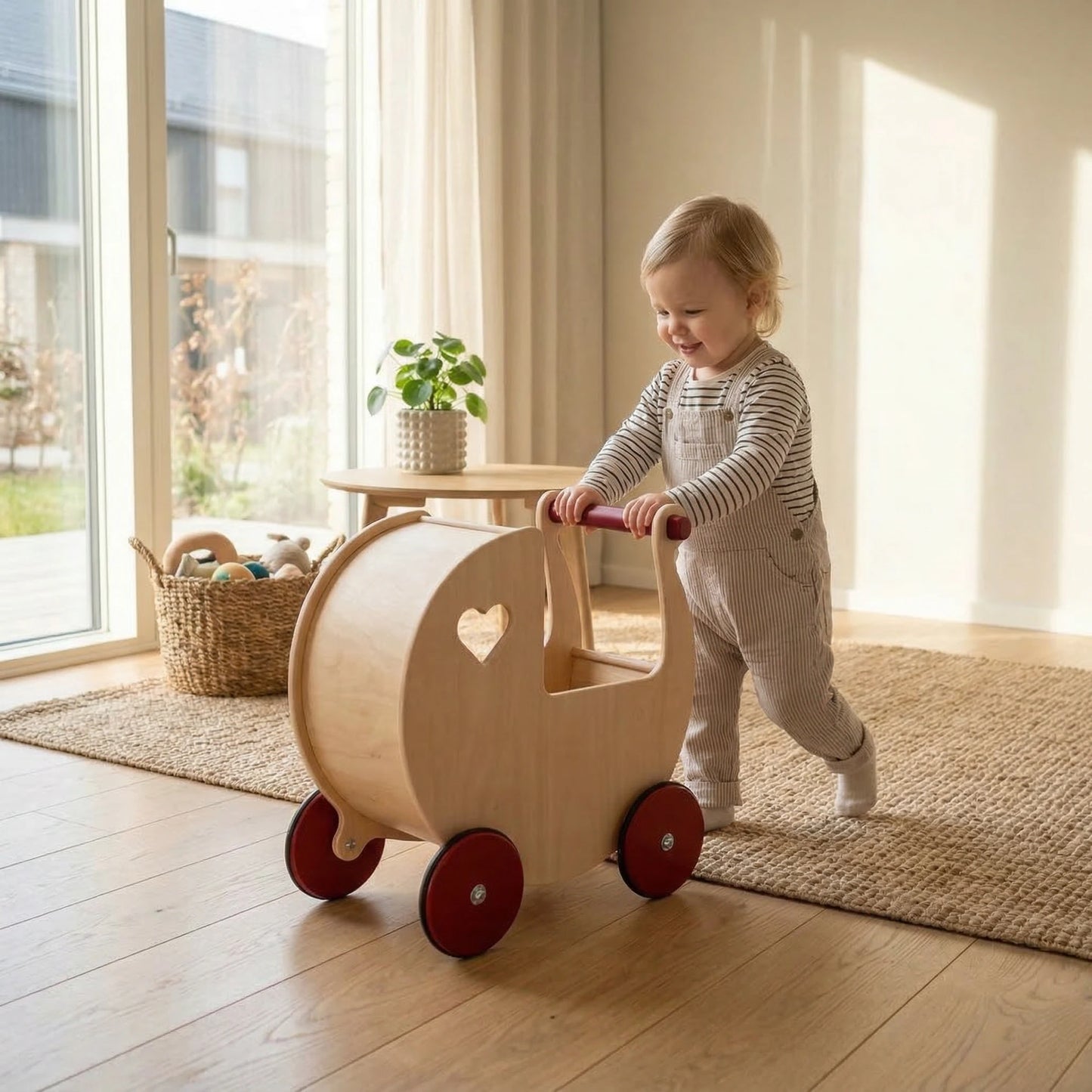 Traditional Doll Stroller Natural + red