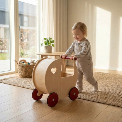 Traditional Doll Stroller Natural + red