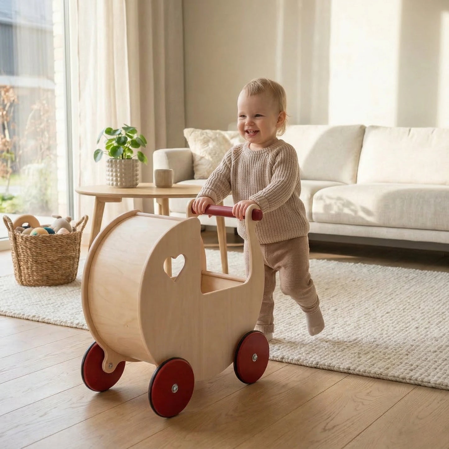 Traditional Doll Stroller Natural + red