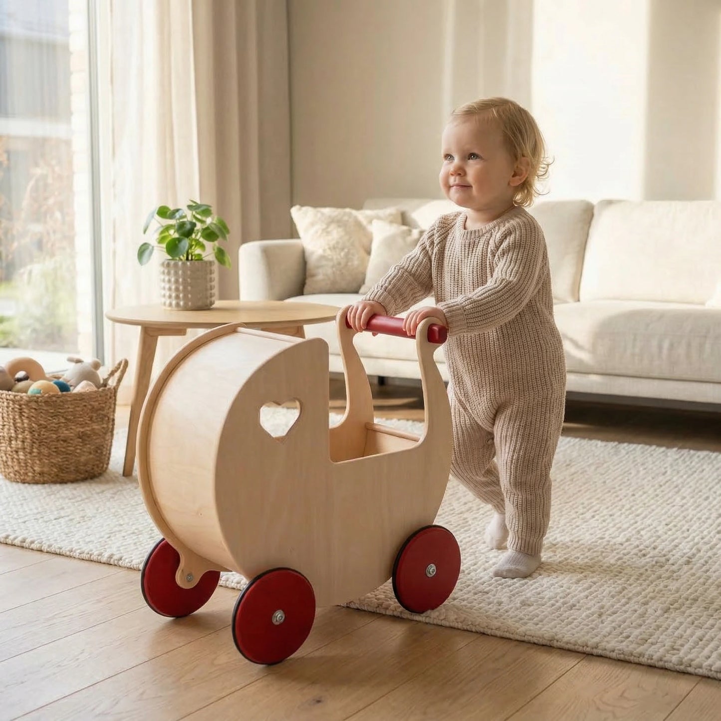 Traditional Doll Stroller Natural + red