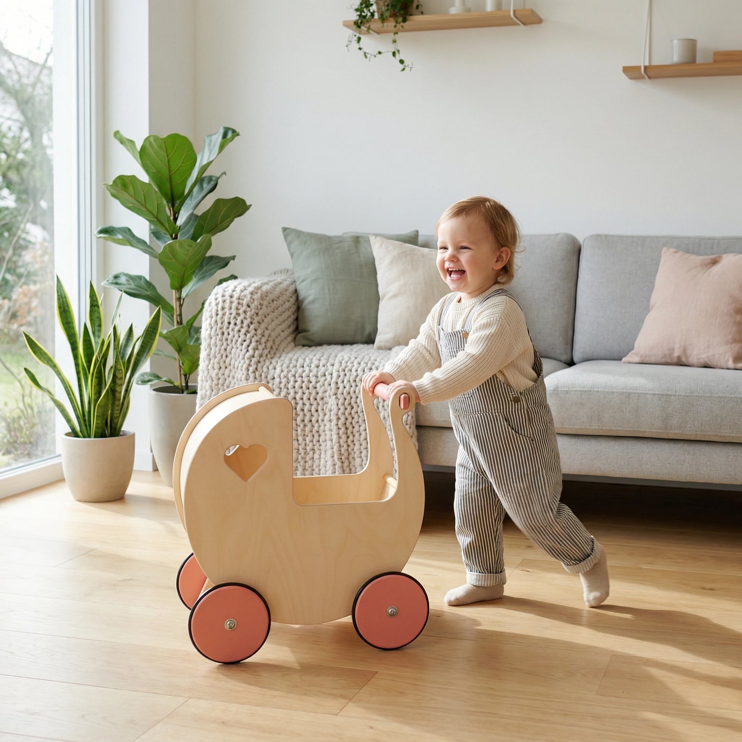 Traditional Doll Stroller Natural + pink