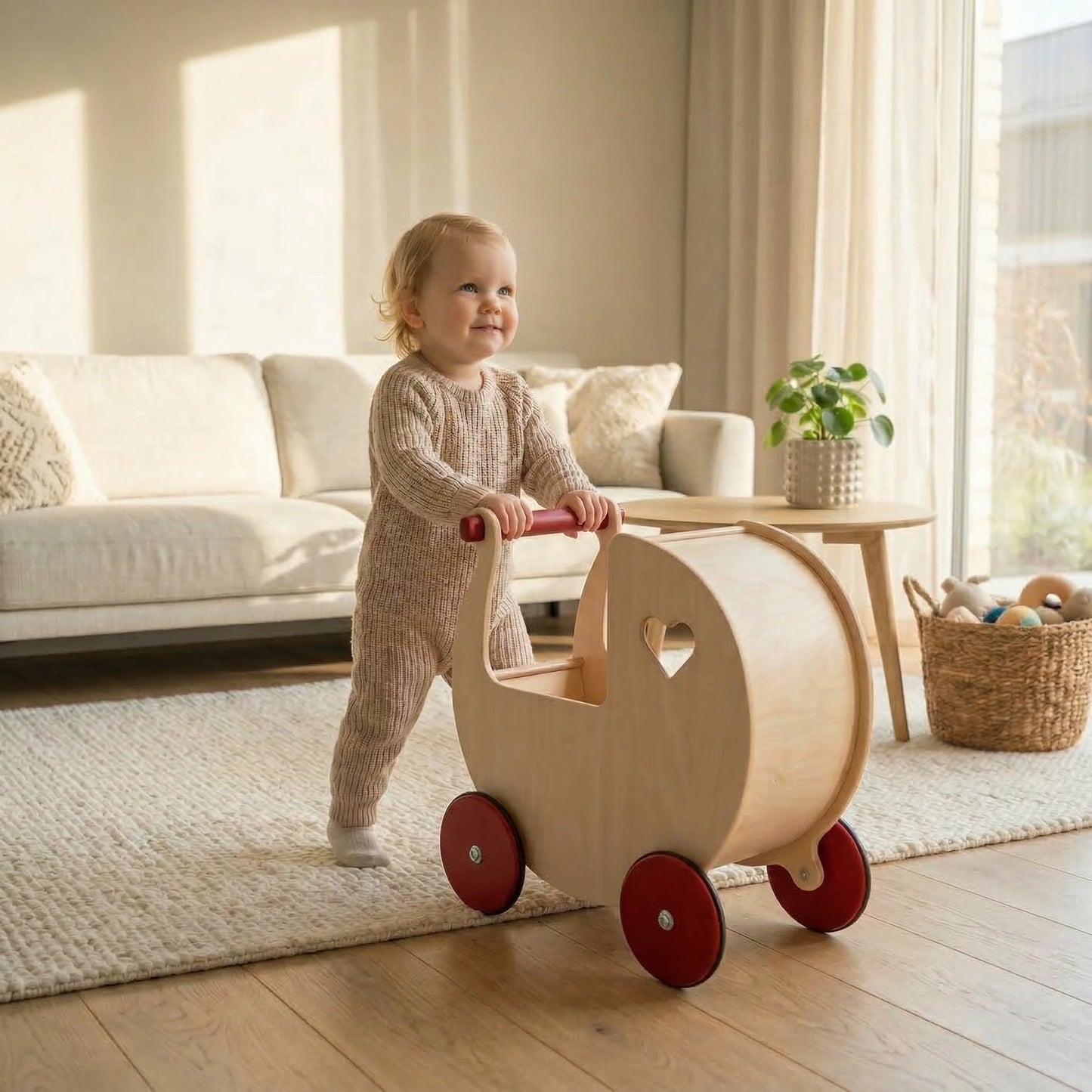 Traditional Doll Stroller Natural + red
