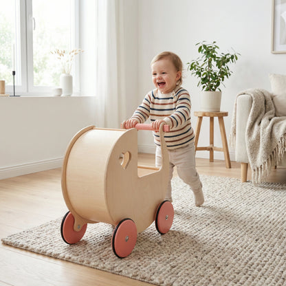 Traditional Doll Stroller Natural + pink