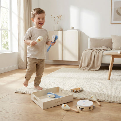 Music set space in wooden tray