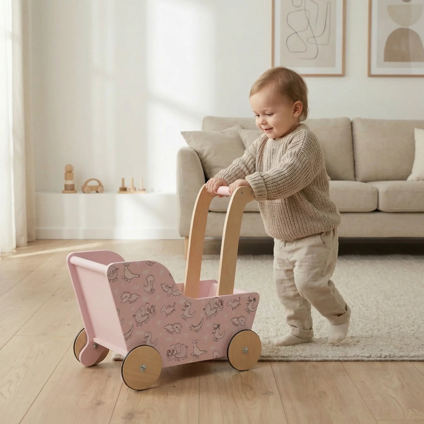 Modern Dolls Stroller (Pram) Pink dinosaurs