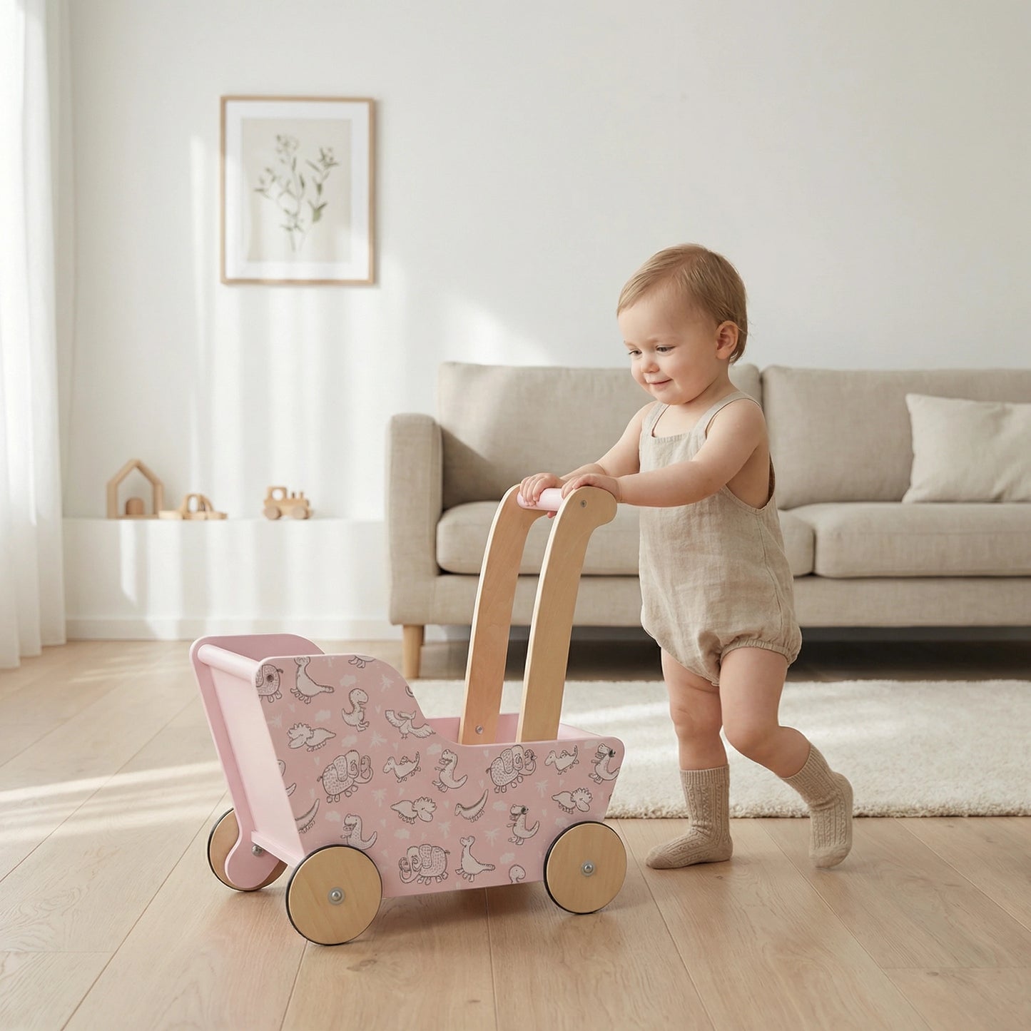 Modern Dolls Stroller (Pram) Pink dinosaurs