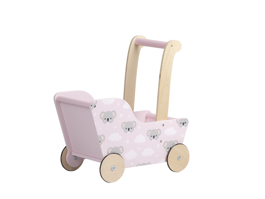 Moderne poppenwagen (kinderwagen) - roze koalabeer