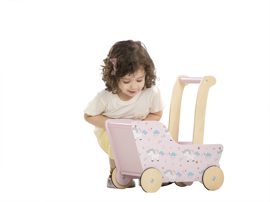 Moderne poppenwagen (kinderwagen) - roze eenhoorn