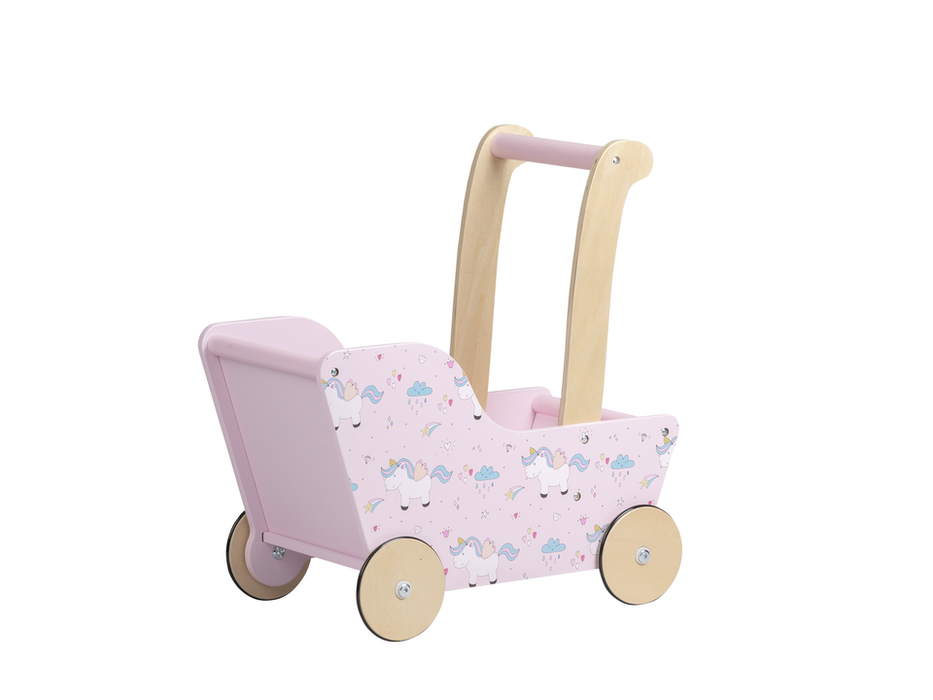 Moderne poppenwagen (kinderwagen) - roze eenhoorn